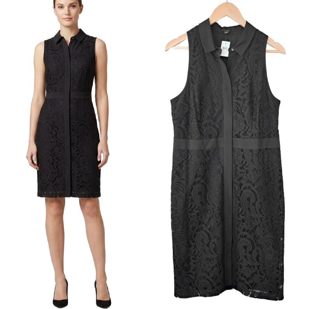 NEW ANN TAYLOR Black Lace Sleeveless Shirt Dress Size 12 Tailored Office Party